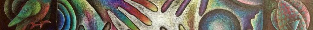 Energy-healing kleurrijke tekening van de aarde met handen eromheen. Verder vogels, bloemen en vissen en een vlinder.